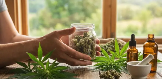 Hands holding a jar of small-batch cured cannabis flower