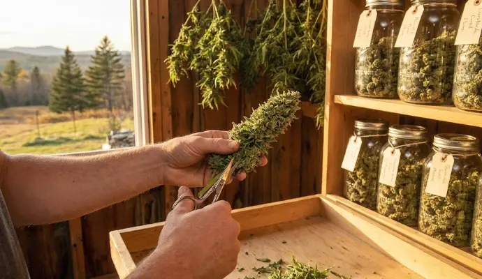 Hand-trimming sun-grown cannabis in a Maine drying room